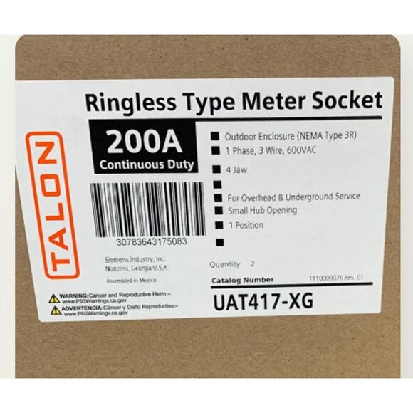 New Talon 200A Outdoor Enclosure 3R One Phase 3 Wire Ringless Type Meter Socket - Picture 5 of 5